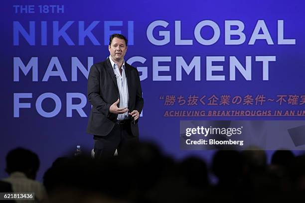 Dirk Ahlborn, chief executive officer of Hyperloop Transportation Technologies Inc. , speaks during the 18th Nikkei Global Management Forum in Tokyo,...
