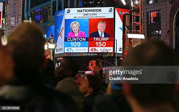 People follow results of the 2016 Presidential Elections at Time Square Center in New York, United States on November 9, 2016.