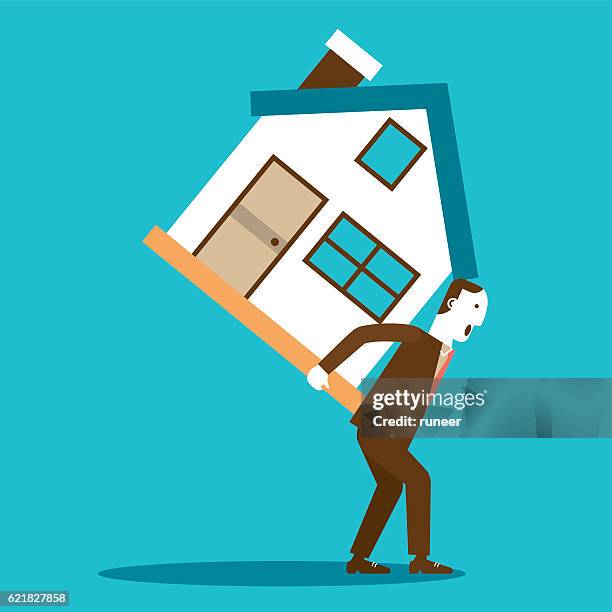 businessman carrying a house | new business concept - salesman flat design stock illustrations