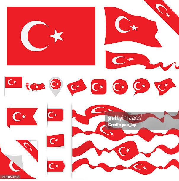 ilustraciones, imágenes clip art, dibujos animados e iconos de stock de conjunto de banderas de turquía - bandera turca