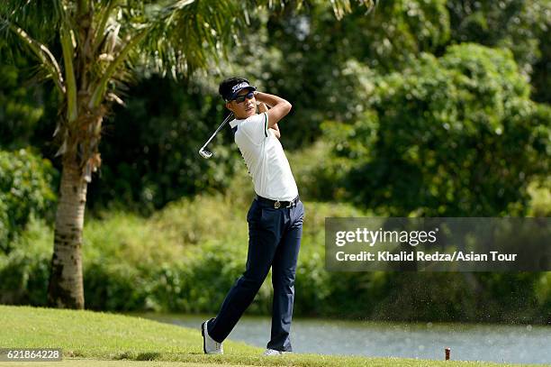 Danthai Boonma of Thailand plays a shot during practice for the Resorts World Manila Masters at Manila Southwoods Golf and Country Club on November...