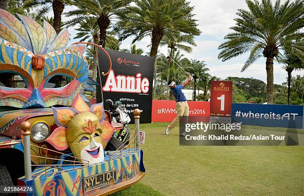 Mardan Mamat of Singapore plays a shot during practice for the Resorts World Manila Masters at Manila Southwoods Golf and Country Club on November 9,...