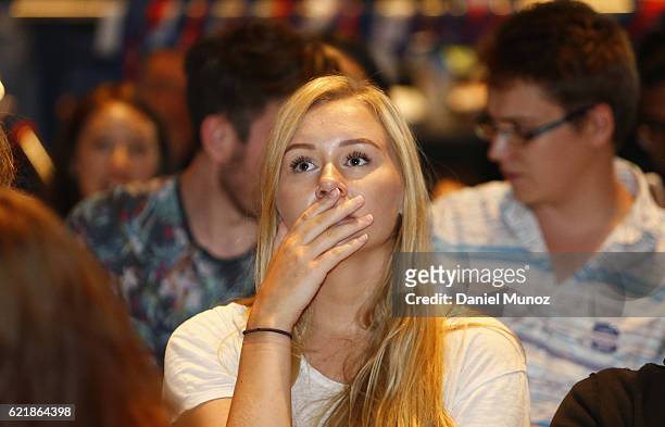 Hillary Clinton supporter reacts at the United States Studies Centre at the University of Sydney on November 9, 2016 in Sydney, Australia. Americans...