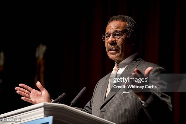 Rep. Emanuel Cleaver speaks to supporters of Jason Kander, Democratic candidate for U.S. Senate in Missouri, at Uptown Theater on November 8, 2016...