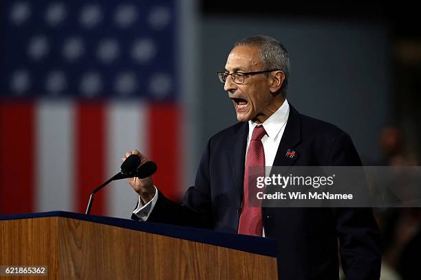 Campaign chairman John Podesta speaks on stage at Democratic presidential nominee former Secretary of State Hillary Clinton's election night event at...