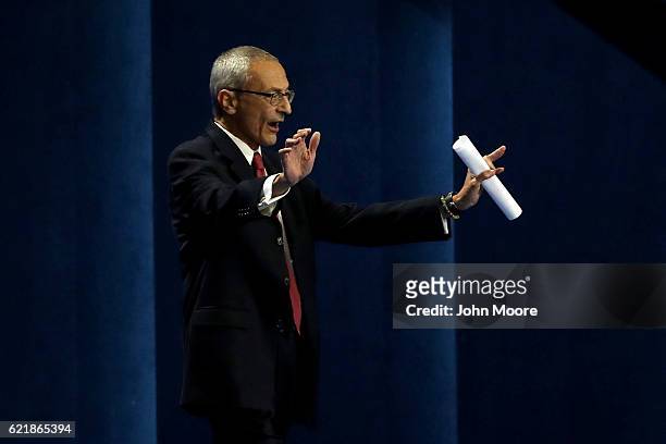Campaign chairman John Podesta takes the stage to speak at Democratic presidential nominee former Secretary of State Hillary Clinton election night...