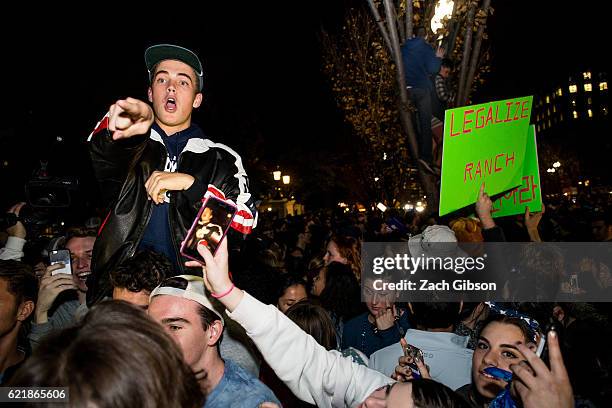 Trump supporter celebrates in front of The White House while waiting for 2016 election return updates on November 9, 2016 in Washington, D.C., United...