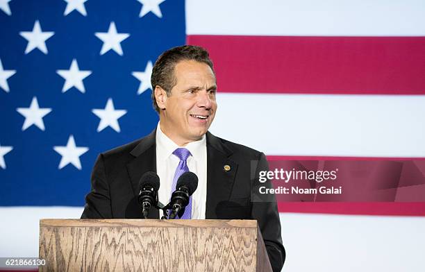 Governor of New York Andrew Cuomo speaks at Democratic presidential nominee Hillary Clinton's election night party at Javits Center on November 8,...