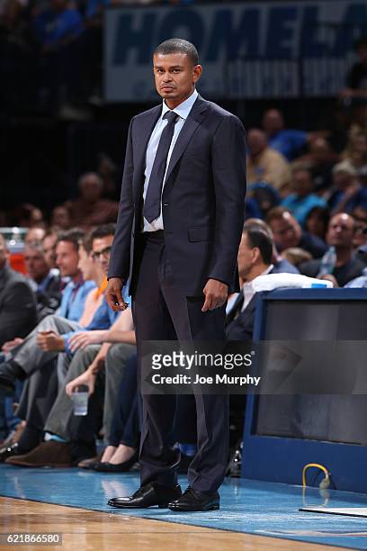 Head Coach Earl Watson of the Phoenix Suns looks on during the game against the Oklahoma City Thunder on October 28, 2016 at the Chesapeake Energy...
