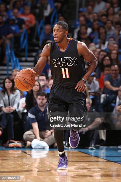 Brandon Knight of the Phoenix Suns handles the ball against the Oklahoma City Thunder on October 28, 2016 at the Chesapeake Energy Arena in Oklahoma...