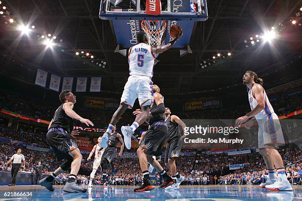 Victor Oladipo of the Oklahoma City Thunder shoots a lay up against the Phoenix Suns on October 28, 2016 at the Chesapeake Energy Arena in Oklahoma...
