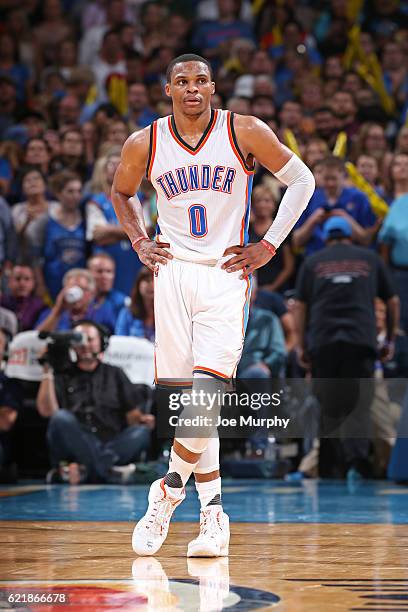 Russell Westbrook of the Oklahoma City Thunder looks on during the game against the Phoenix Suns on October 28, 2016 at the Chesapeake Energy Arena...