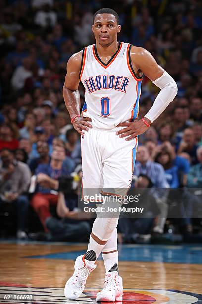 Russell Westbrook of the Oklahoma City Thunder looks on during the game against the Phoenix Suns on October 28, 2016 at the Chesapeake Energy Arena...