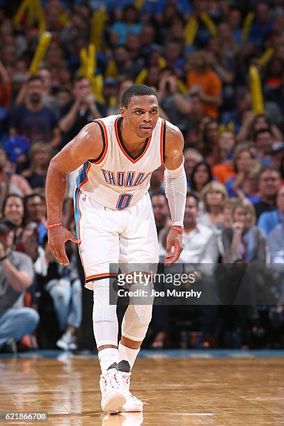 Russell Westbrook of the Oklahoma City Thunder defends during the game against the Phoenix Suns on October 28, 2016 at the Chesapeake Energy Arena in...