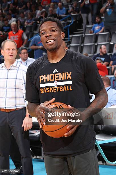 Eric Bledsoe of the Phoenix Suns warms up before the game against the Oklahoma City Thunder on October 28, 2016 at the Chesapeake Energy Arena in...