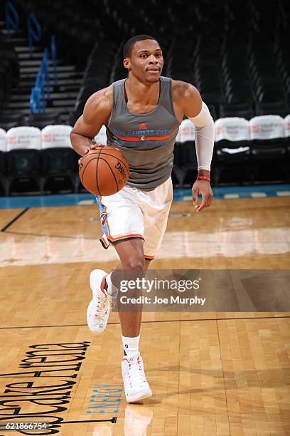 Russell Westbrook of the Oklahoma City Thunder warms up before the game against the Phoenix Suns on October 28, 2016 at the Chesapeake Energy Arena...