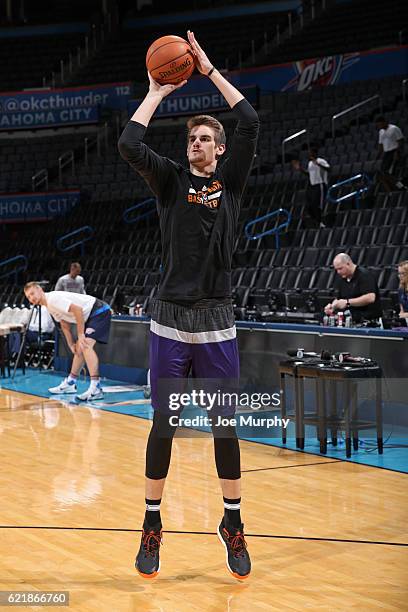 Dragan Bender of the Phoenix Suns warms up before the game against the Oklahoma City Thunder on October 28, 2016 at the Chesapeake Energy Arena in...