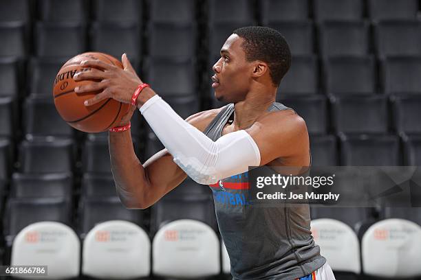 Russell Westbrook of the Oklahoma City Thunder warms up before the game against the Phoenix Suns on October 28, 2016 at the Chesapeake Energy Arena...