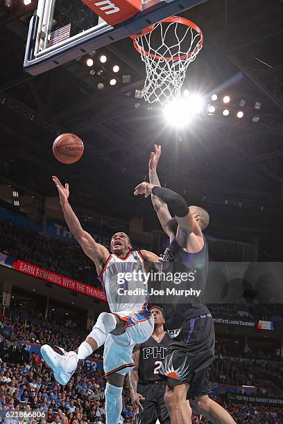 Russell Westbrook of the Oklahoma City Thunder shoots a lay up against the Phoenix Suns on October 28, 2016 at the Chesapeake Energy Arena in...