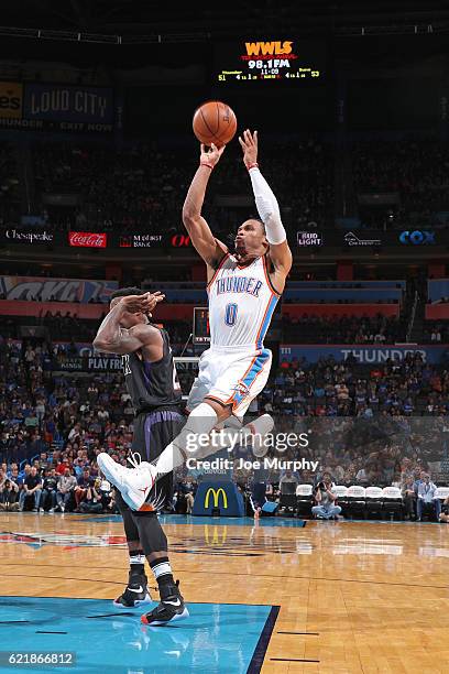 Russell Westbrook of the Oklahoma City Thunder shoots the ball against the Phoenix Suns on October 28, 2016 at the Chesapeake Energy Arena in...