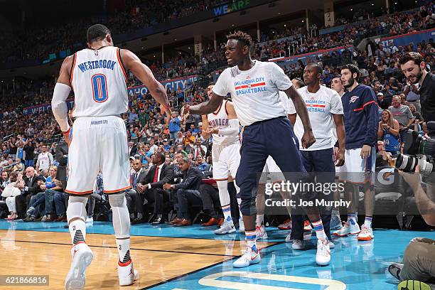 Russell Westbrook and Anthony Morrow of the Oklahoma City Thunder react during the game against the Phoenix Suns on October 28, 2016 at the...