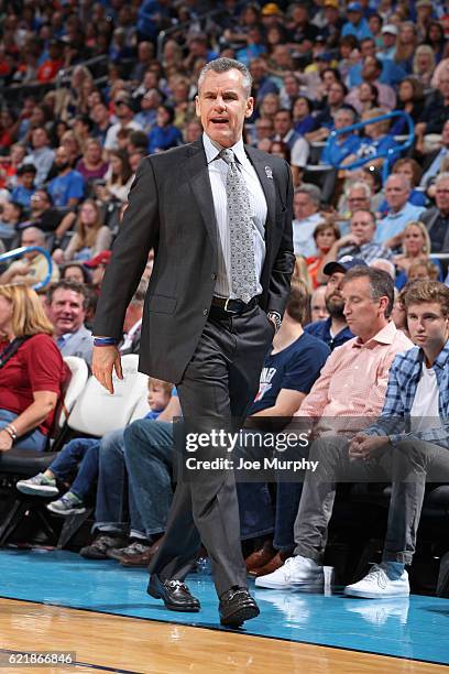 Head Coach Billy Donovan of the Oklahoma City Thunder coaches during the game against the Phoenix Suns on October 28, 2016 at the Chesapeake Energy...