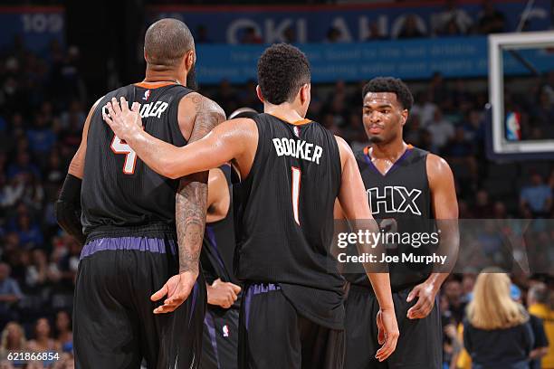 The Phoenix Suns react during the game against the Oklahoma City Thunder on October 28, 2016 at the Chesapeake Energy Arena in Oklahoma City,...