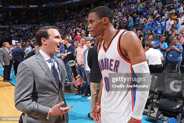 Russell Westbrook of the Oklahoma City Thunder talks to media after the game against the Phoenix Suns on October 28, 2016 at the Chesapeake Energy...