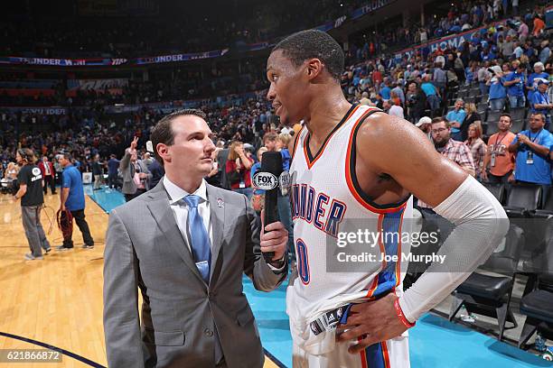 Russell Westbrook of the Oklahoma City Thunder talks to media after the game against the Phoenix Suns on October 28, 2016 at the Chesapeake Energy...