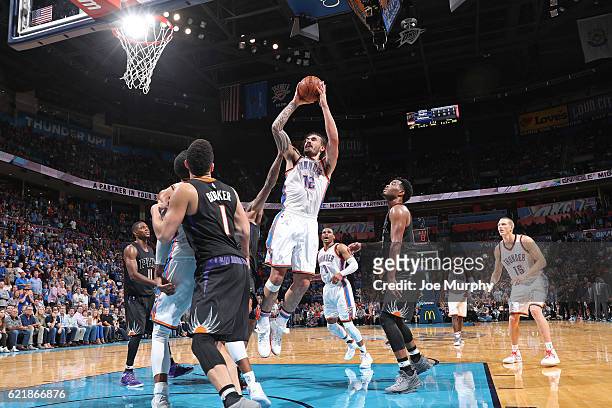 Steven Adams of the Oklahoma City Thunder shoots the ball against the Phoenix Suns on October 28, 2016 at the Chesapeake Energy Arena in Oklahoma...