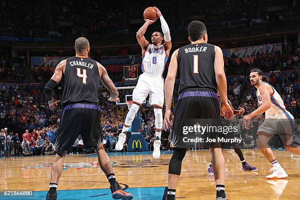 Russell Westbrook of the Oklahoma City Thunder shoots the ball against the Phoenix Suns on October 28, 2016 at the Chesapeake Energy Arena in...