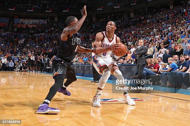 Russell Westbrook of the Oklahoma City Thunder handles the ball against the Phoenix Suns on October 28, 2016 at the Chesapeake Energy Arena in...