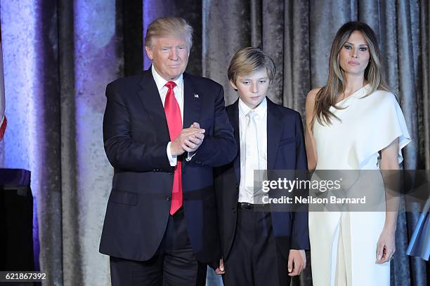 Presidential elect Donald J. Trump speaks on stage at his election night event at The New York Hilton Midtown on November 8, 2016 in New York City.