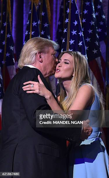Republican presidential elect Donald Trump kisses his daughter Ivanka during election night at the New York Hilton Midtown in New York on November 9,...