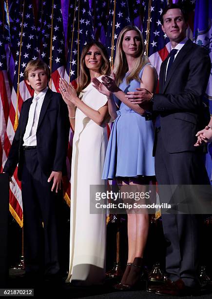 Barron Trump, wife of Republican president-elect Donald Trump, Melania Trump, Ivanka Trump and Jared Kushnerstand on stage and acknowledge the crowd...