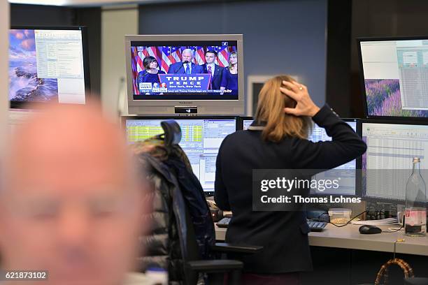 Trader reacts at the Frankfurt Stock Exchange on November 9, 2016 in Frankfurt, Germany. Stock markets around the world reacted with volatility to...