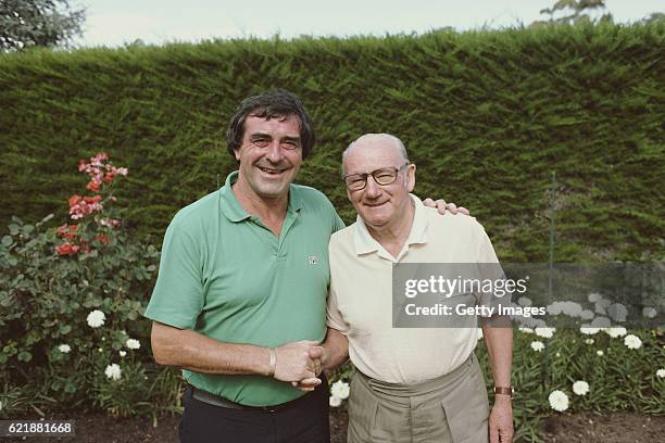 Former England fast bowler Fred Trueman meets former Australia batsman Sir Donald Bradman in Adelaide in 1982.