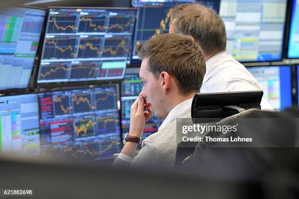 Trader react at the Frankfurt Stock Exchange on November 9, 2016 in Frankfurt, Germany. Stock markets around the world reacted with volatility to the...