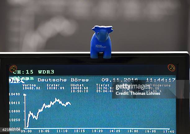 Trader stands below the graph showing the day's course of the DAX index at the Frankfurt Stock Exchange on November 9, 2016 in Frankfurt, Germany....