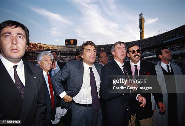 Marseille president Bernard Tapie and Ted Croker look on before the European Cup semi final second leg between Benfica and Portugal on April 18, 1990.