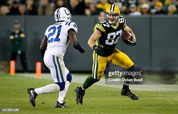 Vontae Davis of the Indianapolis Colts chases after Jordy Nelson of the Green Bay Packers in the fourth quarter at Lambeau Field on November 6, 2016...