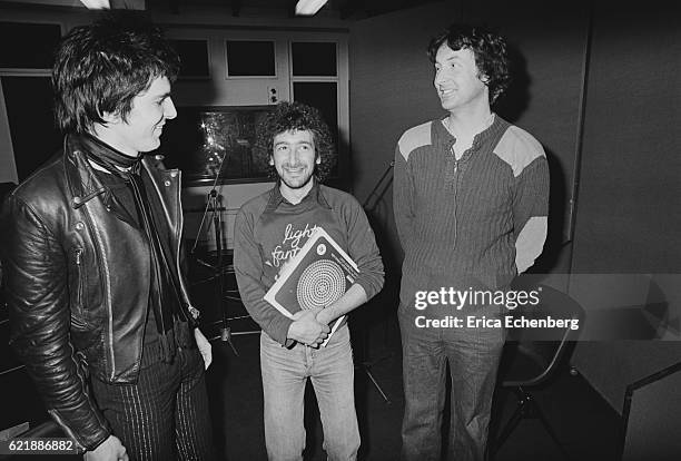 Brian James of The Damned with Nick Mason of Pink Floyd , who produced The Damned's second album 'Music For Pleasure', and radio DJ Nicky Horne ,...