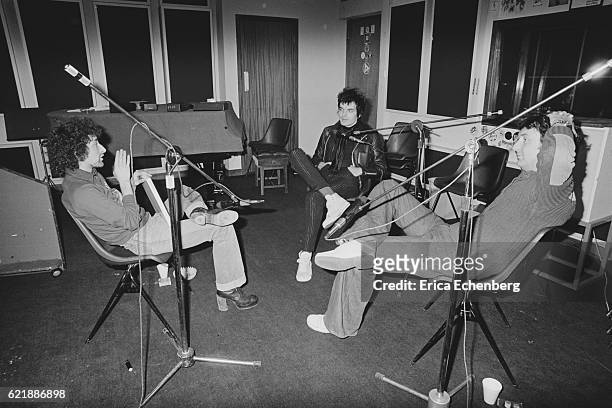 Brian James of The Damned with Nick Mason of Pink Floyd , who produced The Damned's second album 'Music For Pleasure', and radio DJ Nicky Horne ,...