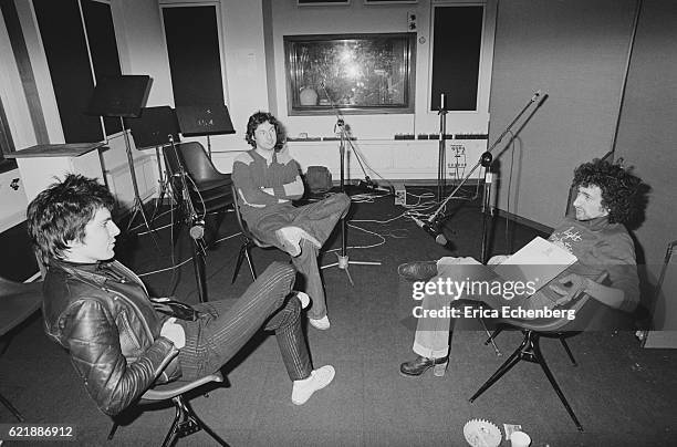 Brian James of The Damned with Nick Mason of Pink Floyd , who produced The Damned's second album 'Music For Pleasure', and radio DJ Nicky Horne ,...