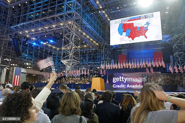 Democratic Party's presidential nominee Hillary Clinton's supporters show their sorrow as the results indicate the Republican Party's presidential...