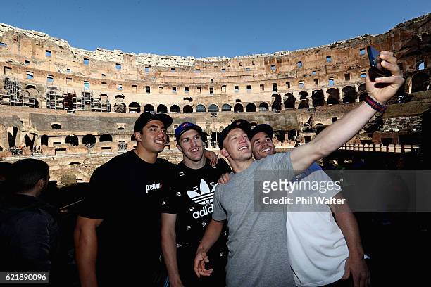 Anton Lienert-Brown, Brodie Retallick, Damian McKenzie and Ryan Crotty of the New Zealand All Blacks take a photo inside the Colosseum on November 9,...