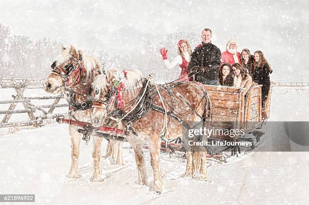 familientraditionen - weihnachtsschlittenfahrt mit dem weihnachtsmann - enable horse stock-fotos und bilder