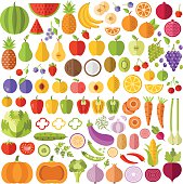 Fruits and vegetables flat icons set. Vector icons, vector illustrations