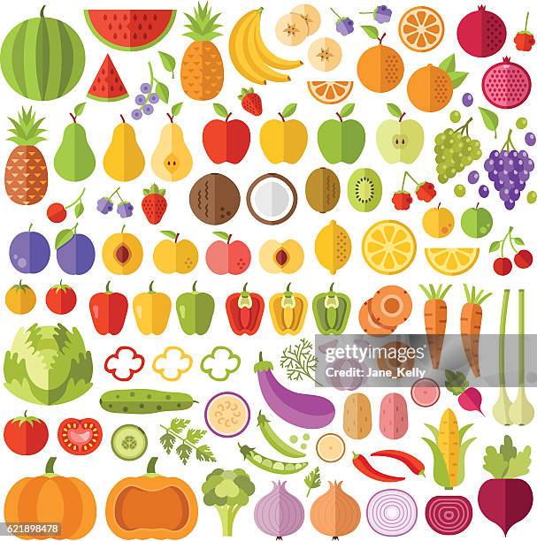 fruits and vegetables flat icons set. vector icons, vector illustrations - fruits and vegetables isolated stock illustrations
