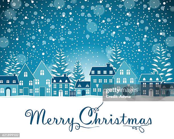 christmas greeting - winter town stock illustrations